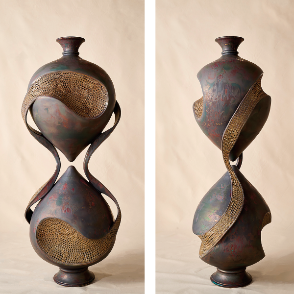Front and side views of Hourglass, 2023, an earthenware sculpture inspired by Egyptian water filters, exploring the concept of inner and outer beauty, 55.5 x 22 x 22 in.
