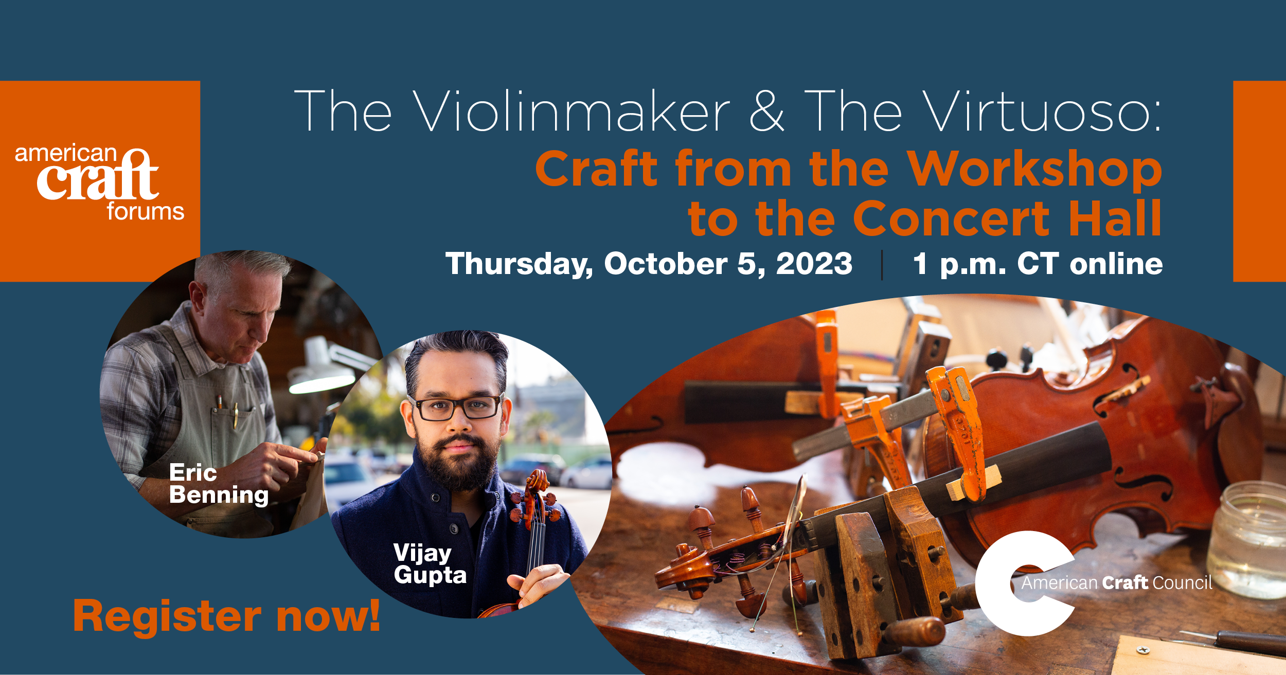The Violinmaker and the Virtuoso event graphic depicting violinmaker Eric Benning and virtuoso Vijay Gupta