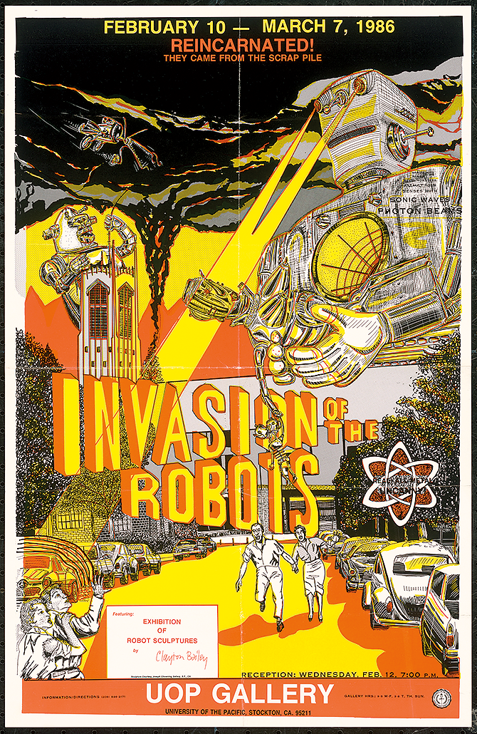 Poster for a 1986 exhibition of Bailey’s robot sculptures at the University of the Pacific Gallery in Stockton, California. 