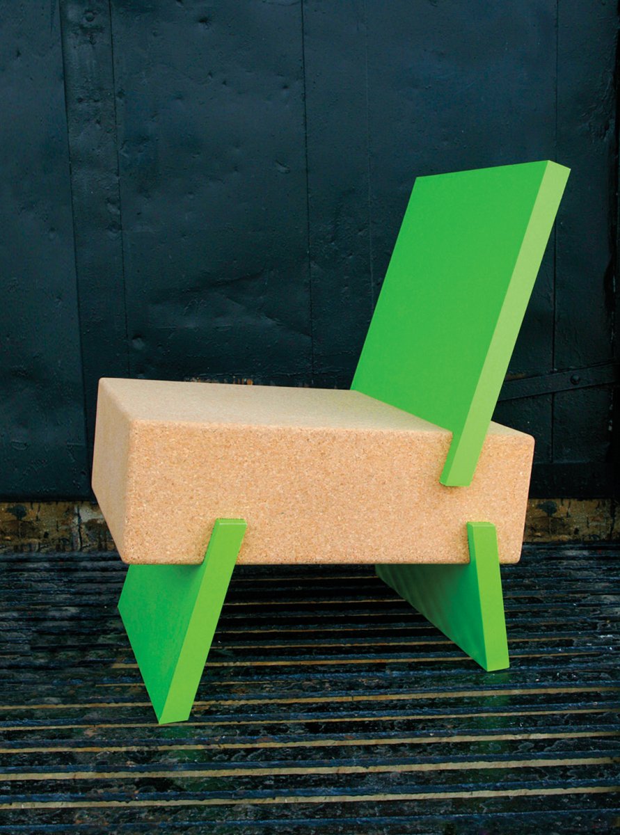 Chair made form cork with lime green back and legs