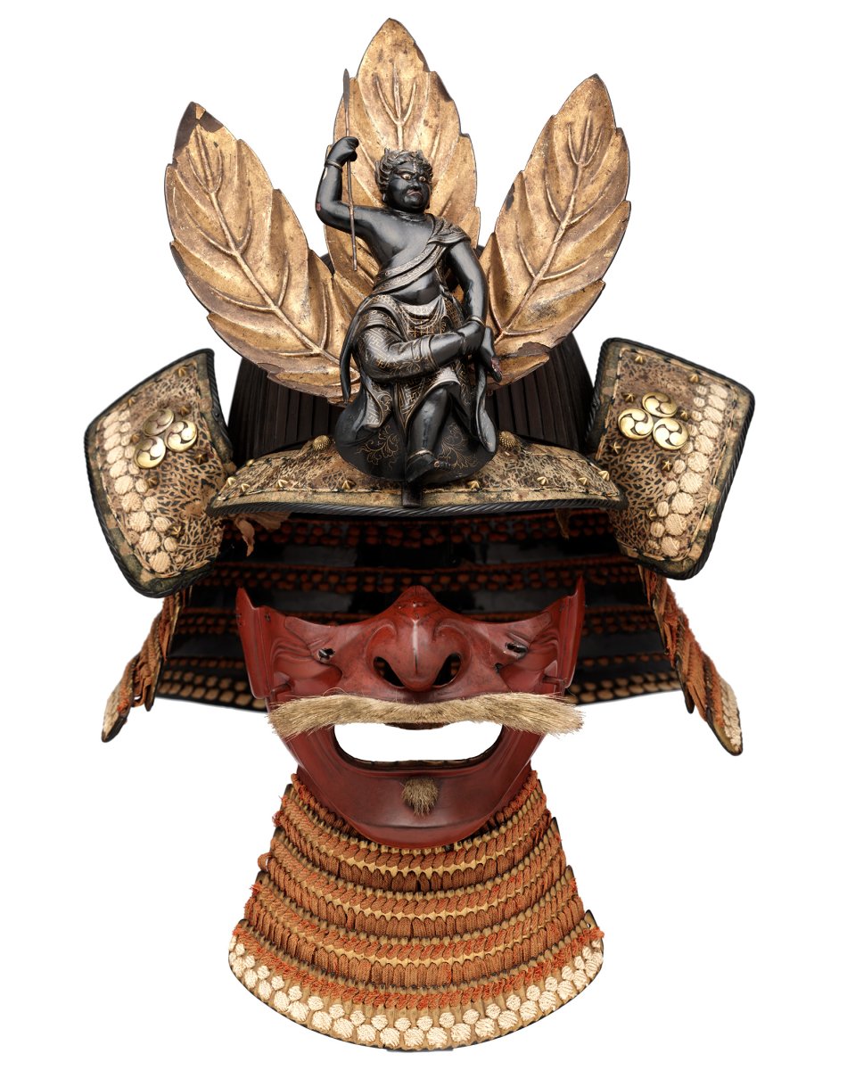 Momoyama period mask made of iron, copper, shakudō, gold, lacing, wood, leather, horsehair.