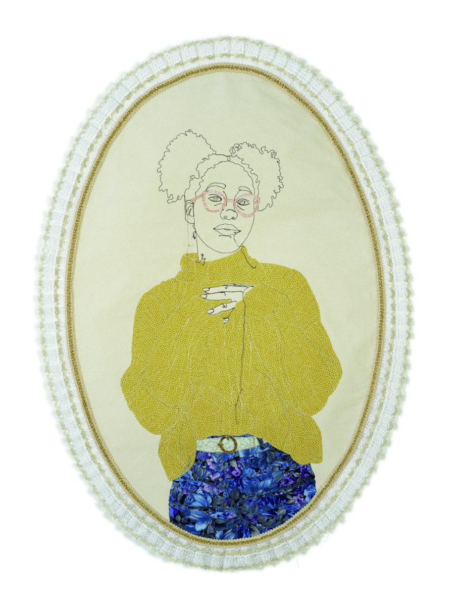 Thread and fabric sewn on canvas creating an image of a person in a frame.