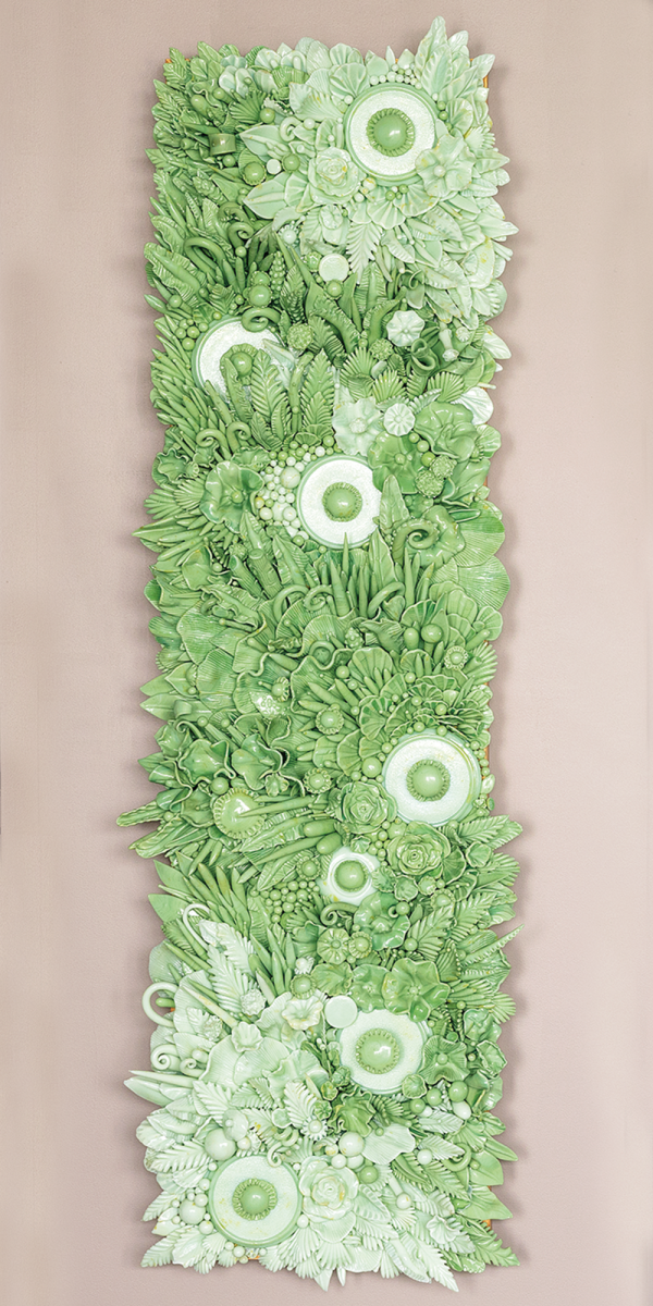 Amber Cowan, River Green & Mint, 2015, flame-worked American pressed glass, mixed media, 52 x 17 x 8 in. Photo by Alanna Hale.