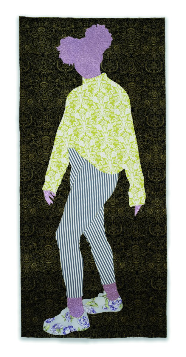 A sewn image of a person standing.