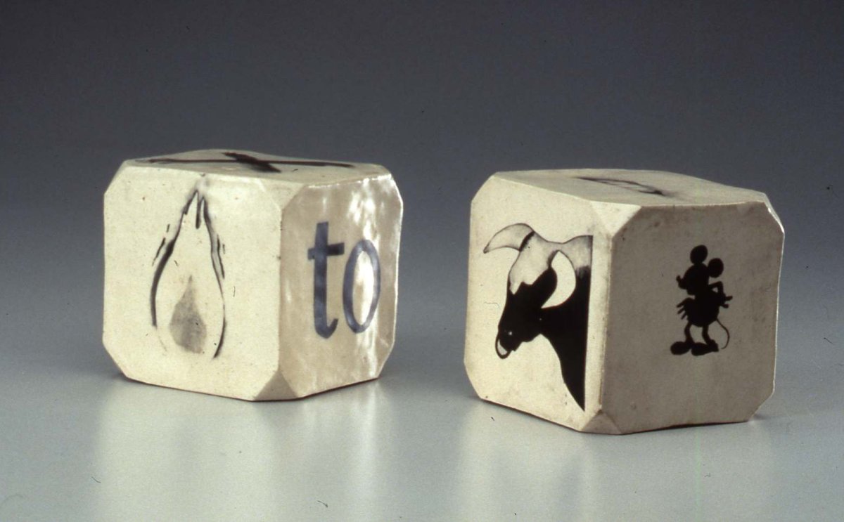 Jim Melchert’s work titled Putting 2 & 2 Together, 1968, ceramic, 4 x 4 x 4 inches.