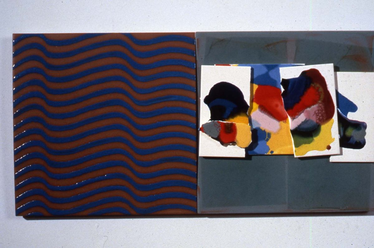 Jim Melchert’s work titled Wet Over Dry, 1995, glazed earthenware, 12 x 24 inches.
