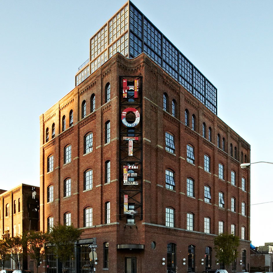 The completed and installed sign at the Wythe Hotel. Photo courtesy of Wythe Hotel.