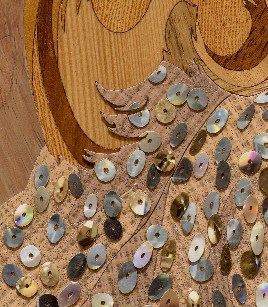 Detail image of At the Wedding shows the many materials Taylor combines in her hybrid marquetry works.