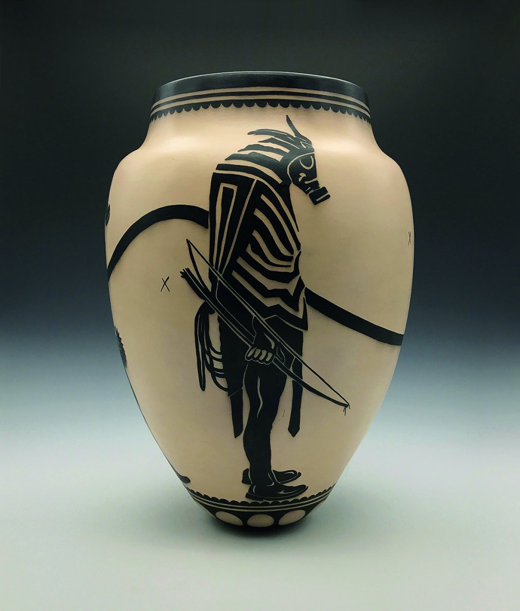 Storage jar with a Venutian soldier wearing a gas mask engraved on the piece.