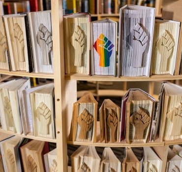 shelf of various books with solidarity fist symbol carved into the ends of the pages