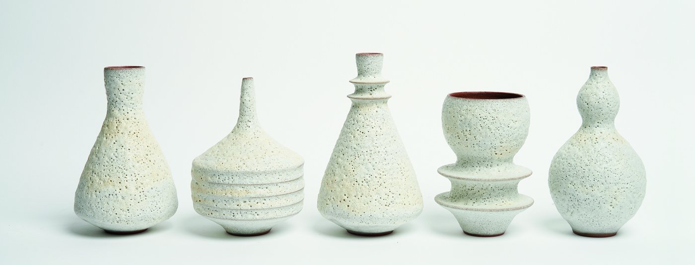 5 images of pottery in various sizes and shapes. 