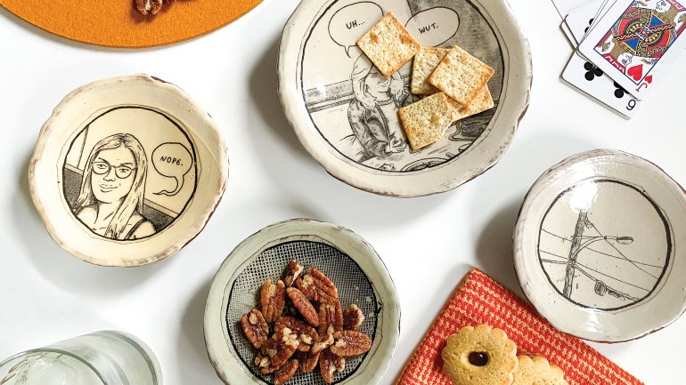 Assorted ceramics by Ian Petrie with snacks and more
