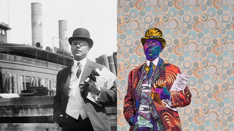 Side by side images with an antique black and white portrait of a man in a bowler hat clutching a newspaper on the left with a colorful quilted version of the same portrait on the right