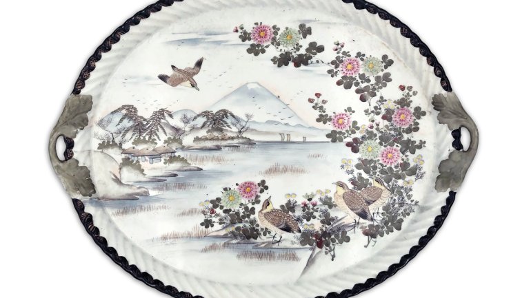 ceramic tea tray with illustration of mountain lake with birds and flowers