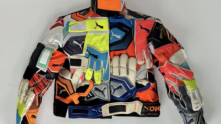 motorcycle jacket made from upcycled soccer goalie gloves