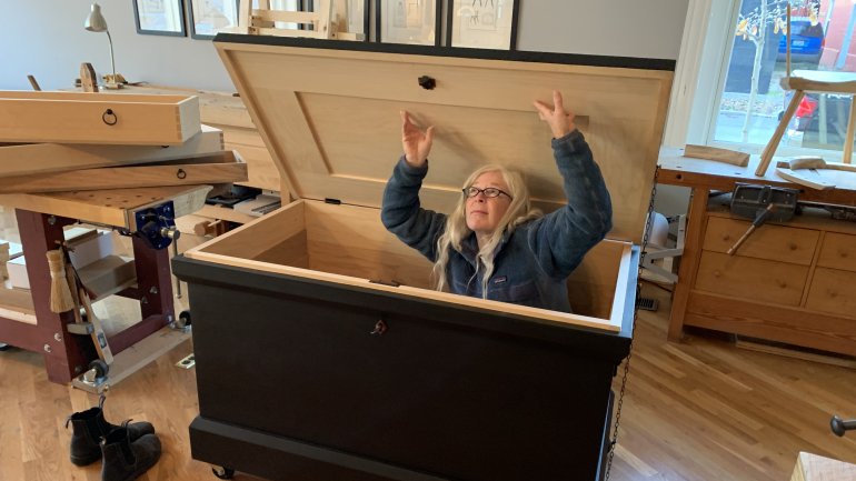 Fitzpatrick inside a custom oversize tool chest she built for a client, 25 x 52 x 28 in. Photo by Christopher Schwarz.
