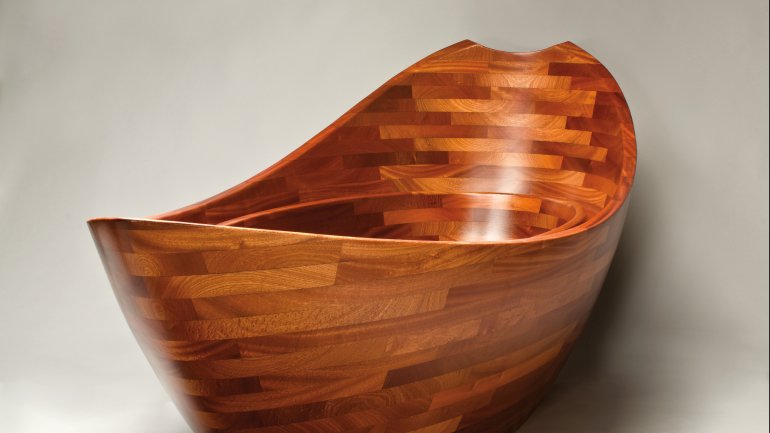 Seth Rolland’s Salish Sea Bathtub, 2013, is made of sustainably harvested sapele mahogany, which is noted for its durability, 36 x 95 x 36 in. 