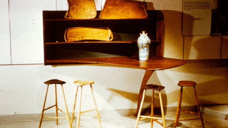 Wharton Esherick Kitchen hanging shelf unit and six stools