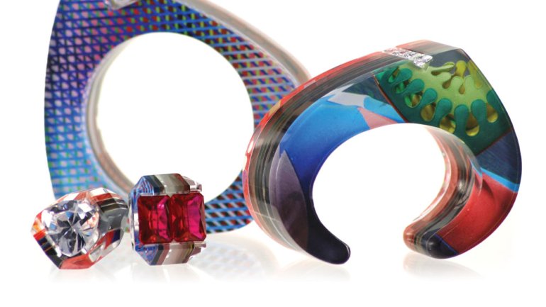 Jennifer Merchant Bangle, cuff, and rings from the Couture Layered Acrylic Colle