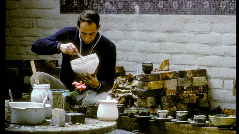 Paul Soldner preparing glazes for raku at Scripps College in Claremont, Californ