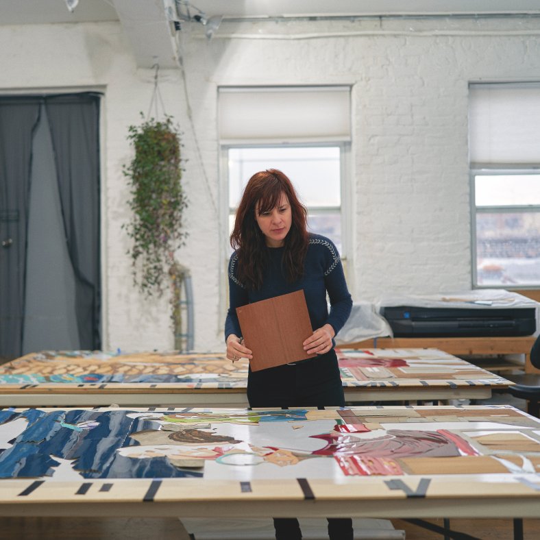 In her Brooklyn studio, Alison Elizabeth Taylor examines a work in progress, choosing the next piece of wood veneer to cut based on what she has on the table.