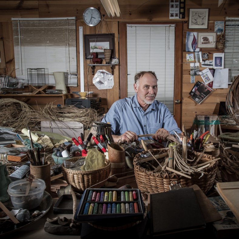 Leon Niehues, a basketry artist, in his studio in Huntsville, Arkansas. Photo by Kat Wilson.