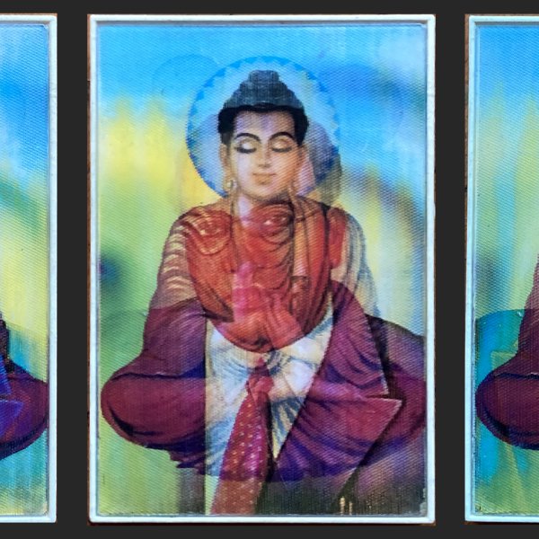 triptych showing the transition between the two phases of a hollographic card with an illustration of a bust of man in a suit on the left and an illustration of the buddha in a meditation pose on the right