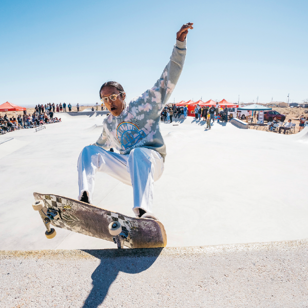 Shawn Harrison, host of Masa TV, skates at the Diné Skate Garden Project in Two Grey Hills, New Mexico. Photo by Shaun Marcus.