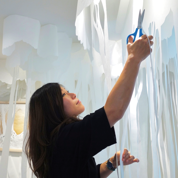 Shibata works on a new piece, Cyouwanomori, which translates from Japanese to “forest  of harmony.”