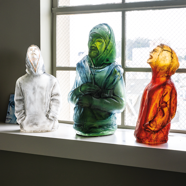 Three glassworks by Oben Abright, from left: Waiting Series II, 2004, 20 x 8 x 7 in.; West Oakland Torso, 2014, 24 x 14 x 10 in.; Silence Series II, 2003, 20 x 9 x 7 in. Photo by Alanna Hale.