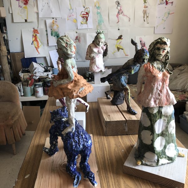 Photo of sculptures in Lahti's studio.