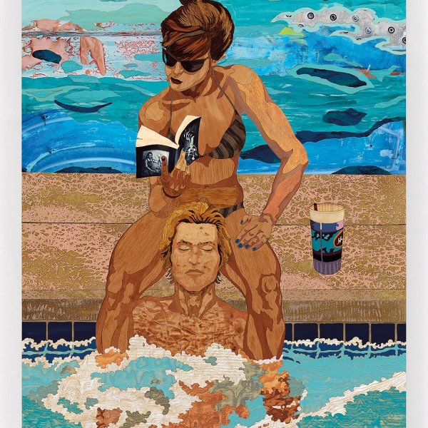 Piece of art by Taylor that visualizes a woman reading near a pool and a man sitting in pool.