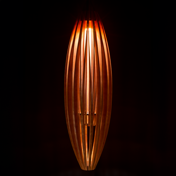 Tulip Hanging Lamp, 2019, sustainably harvested cherry, brass, 33 x 9 x 9 in. Photo by Myron Gauger.