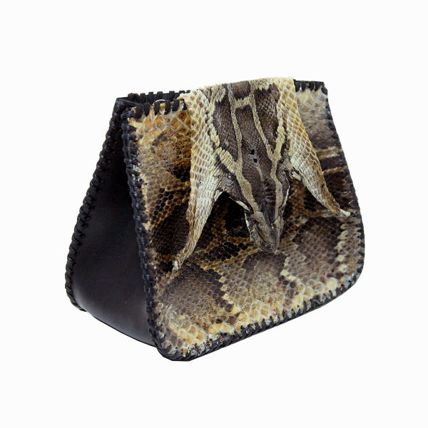 Burmese python ammo pouch with snake head detail, vegetable-tanned leather, python skin, waxed cotton thread.