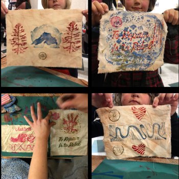 horizontal grid of photos of children holding up handmade prints featuring rivers lakes hearts trees and words in cursive script
