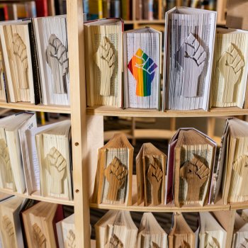 shelf of various books with solidarity fist symbol carved into the ends of the pages