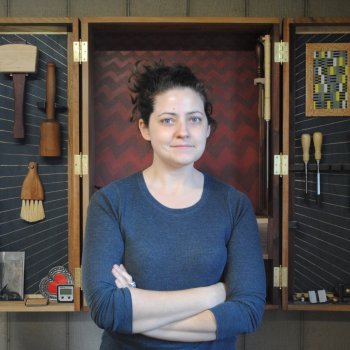 Sophie Glenn with her tool cabinet, Anni Albers in the Black Lodge, 2019, various hardwoods, brass hardware, 36 x 24 x 14 in. Photo courtesy of the artist.