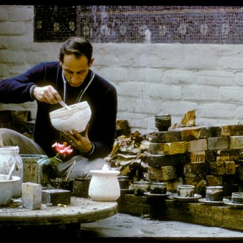 Paul Soldner preparing glazes for raku at Scripps College in Claremont, Californ