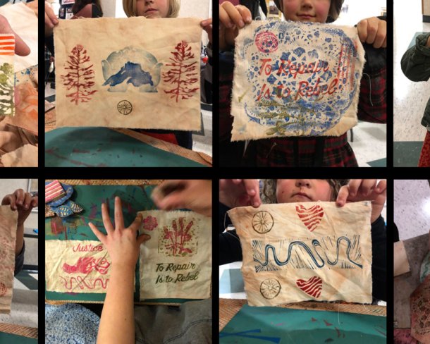 horizontal grid of photos of children holding up handmade prints featuring rivers lakes hearts trees and words in cursive script