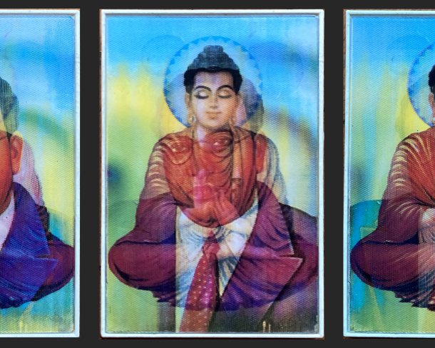 triptych showing the transition between the two phases of a hollographic card with an illustration of a bust of man in a suit on the left and an illustration of the buddha in a meditation pose on the right