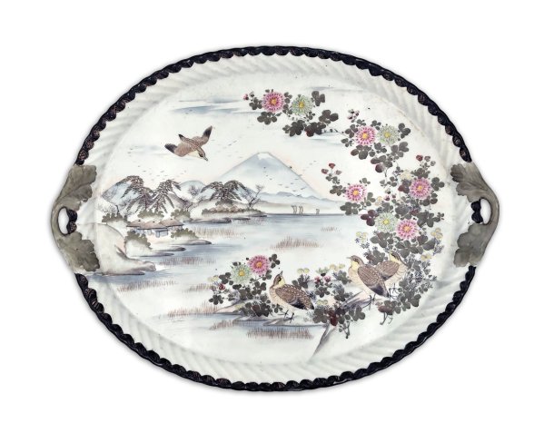 ceramic tea tray with illustration of mountain lake with birds and flowers