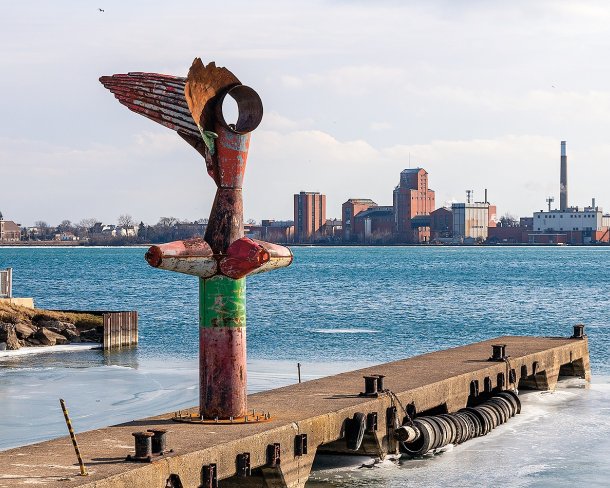 Nike of the Strait, a site-specific sculpture along the Detroit Riverwalk.